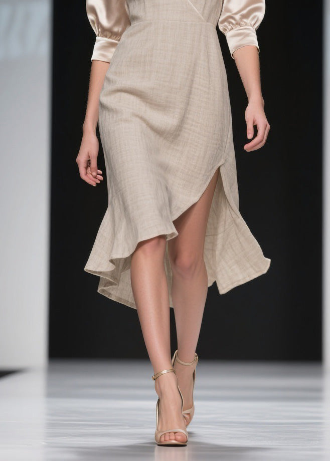 Wrap Deep V-Neck Puff Sleeve Side Slit Satin Cuff Ruffle High Low Midi Dress