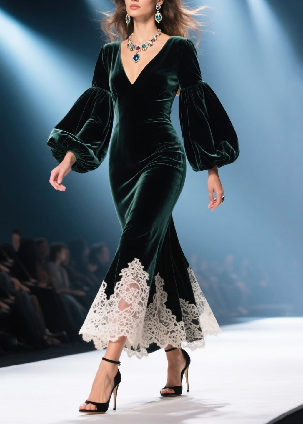Velvet Deep V-Neck Bishop Sleeve Lace Trim Trumpet Maxi Gown