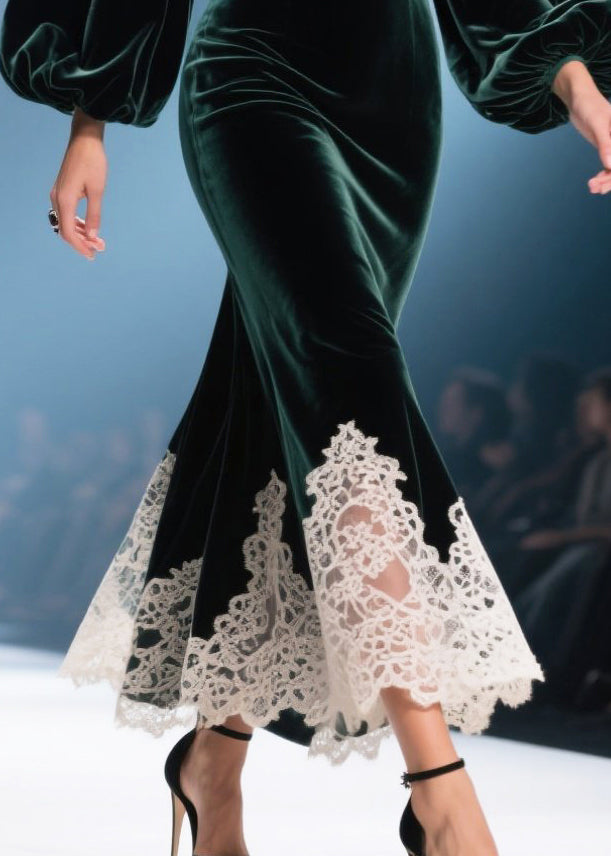 Velvet Deep V-Neck Bishop Sleeve Lace Trim Trumpet Maxi Gown