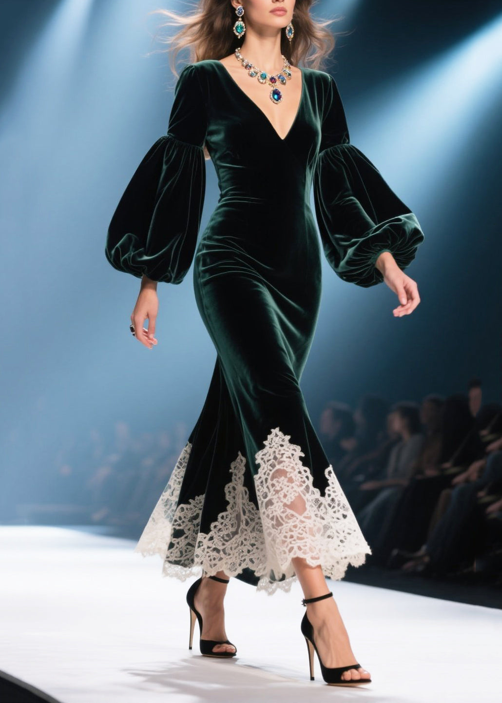 Velvet Deep V-Neck Bishop Sleeve Lace Trim Trumpet Maxi Gown
