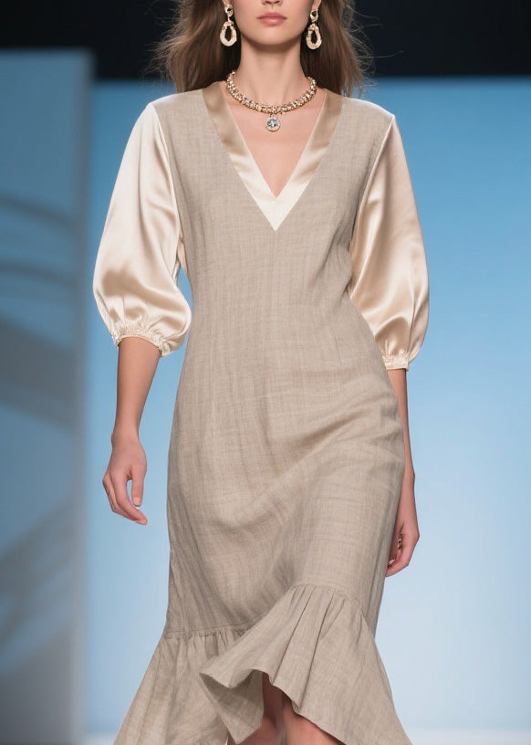 Deep V-Neck Bishop Sleeve Satin Trim Asymmetrical Ruffle Hem Midi Dress