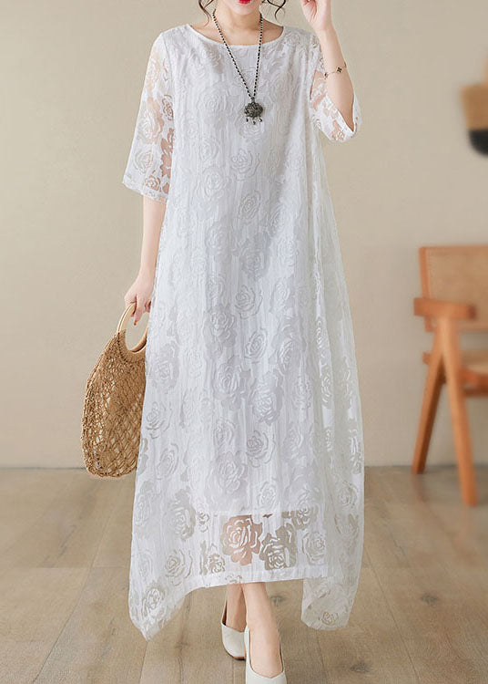 Floral Lace Burnout Overlay Round Neck Elbow Sleeve Asymmetric Handkerchief Hem Maxi Dress