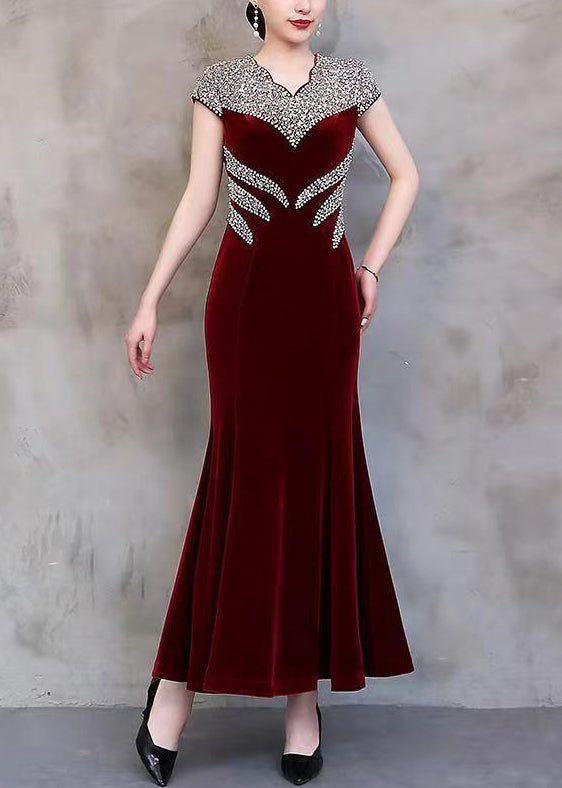 Sequin Embellished Scalloped V-Neck Cap Sleeve Velvet Mermaid Gown