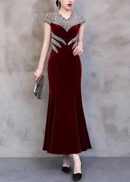 Sequin Embellished Scalloped V-Neck Cap Sleeve Velvet Mermaid Gown