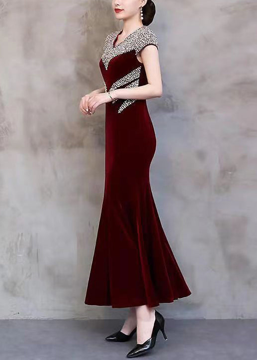 Sequin Embellished Scalloped V-Neck Cap Sleeve Velvet Mermaid Gown