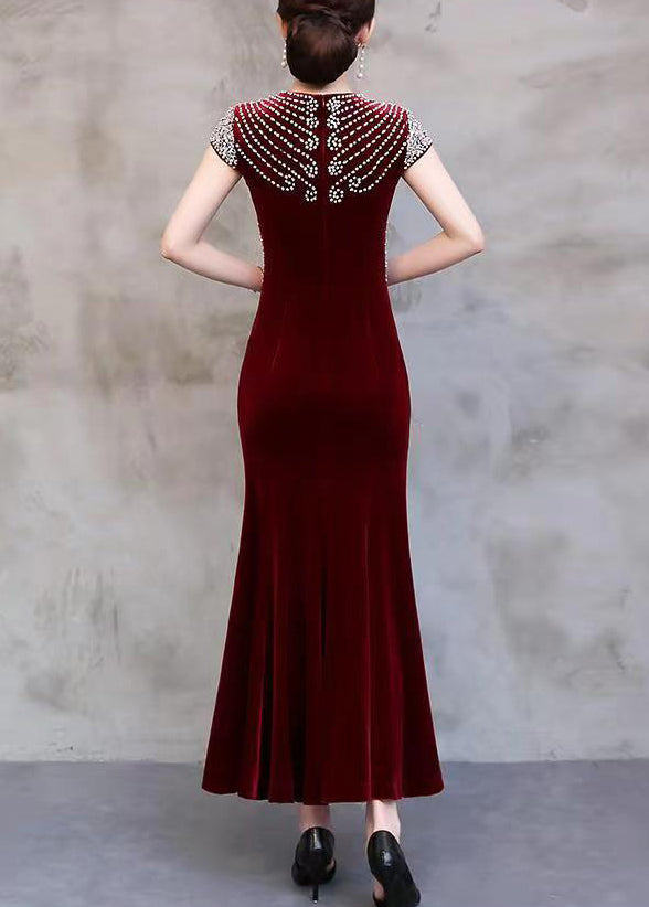 Sequin Embellished Scalloped V-Neck Cap Sleeve Velvet Mermaid Gown