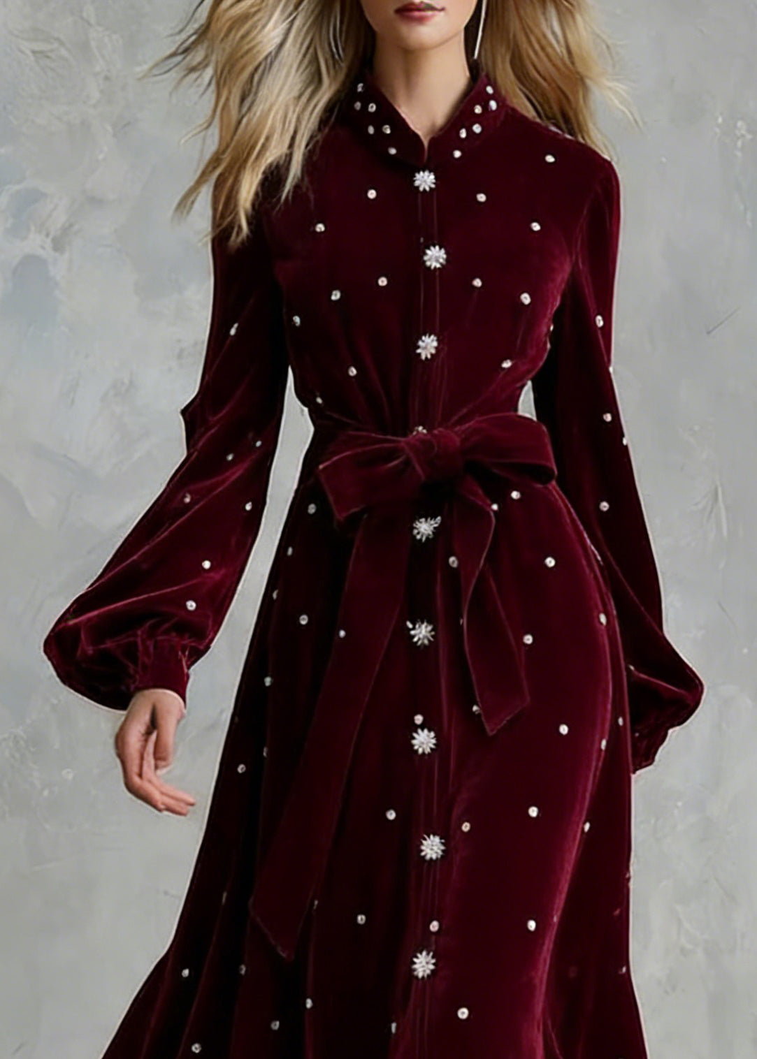 Handmade Wine Red Zircon Tie Waist Silk Velvet Maxi Dresses 2