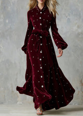 Handmade Wine Red Zircon Tie Waist Silk Velvet Maxi Dresses 3