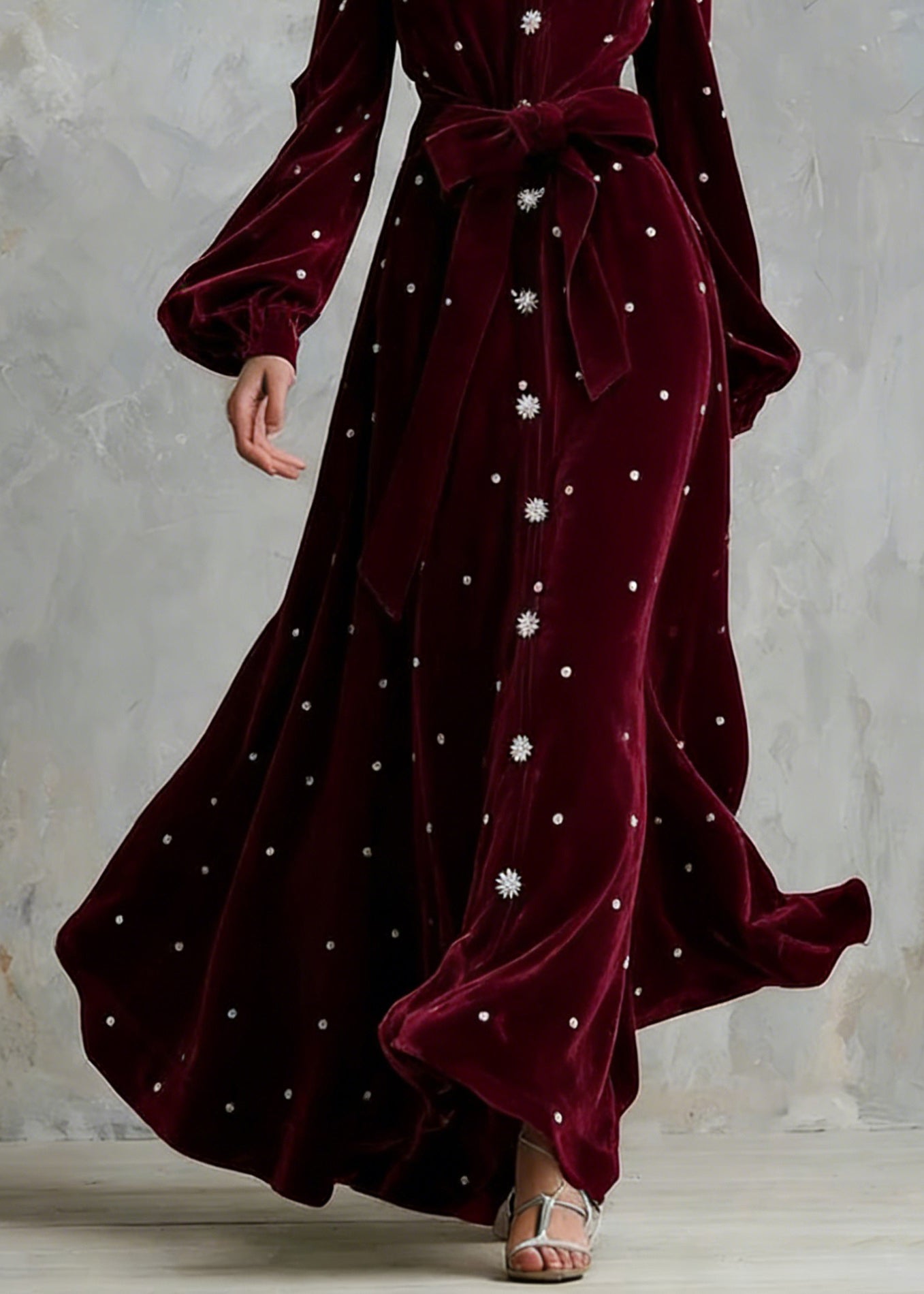 Handmade Wine Red Zircon Tie Waist Silk Velvet Maxi Dresses 4