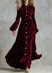Handmade Wine Red Zircon Tie Waist Silk Velvet Maxi Dresses 5