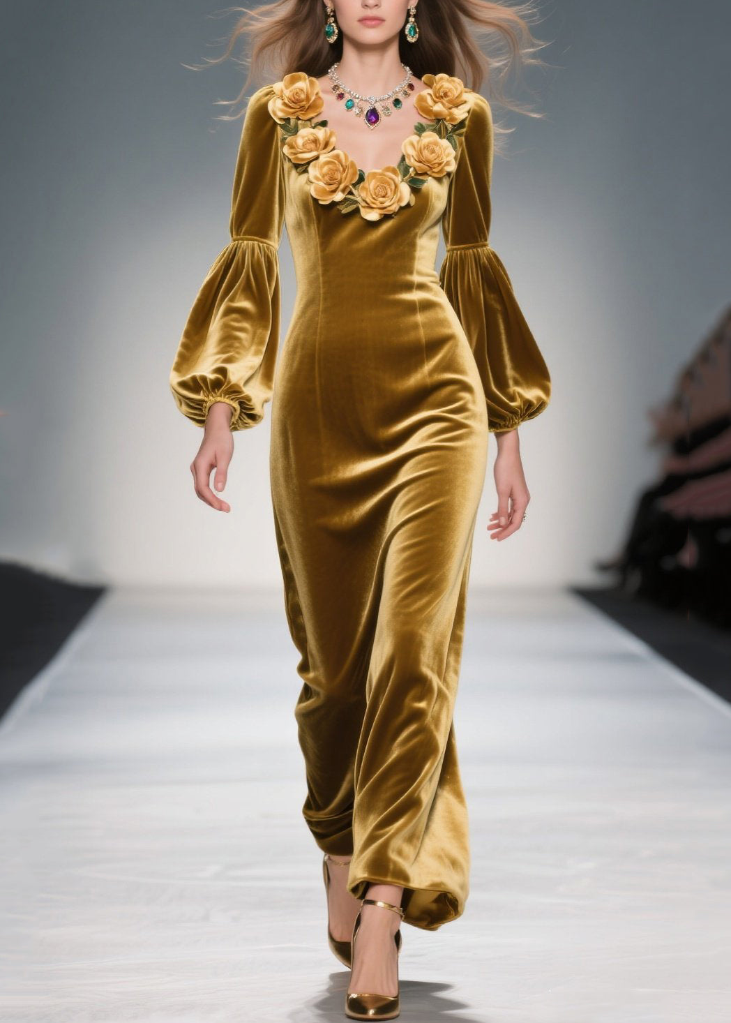 Velvet Rosette V-Neck Bishop Sleeve Column Maxi Gown