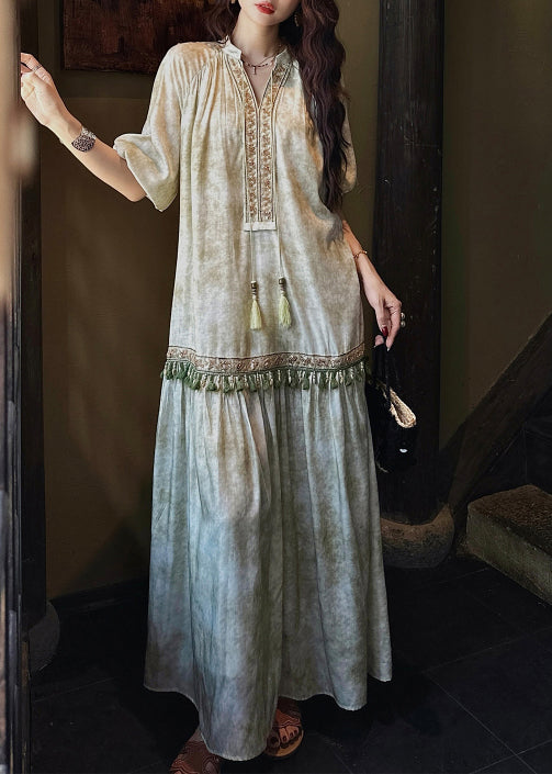 Embroidered Lace Up Tassel Trim Tiered Boho Maxi Dress