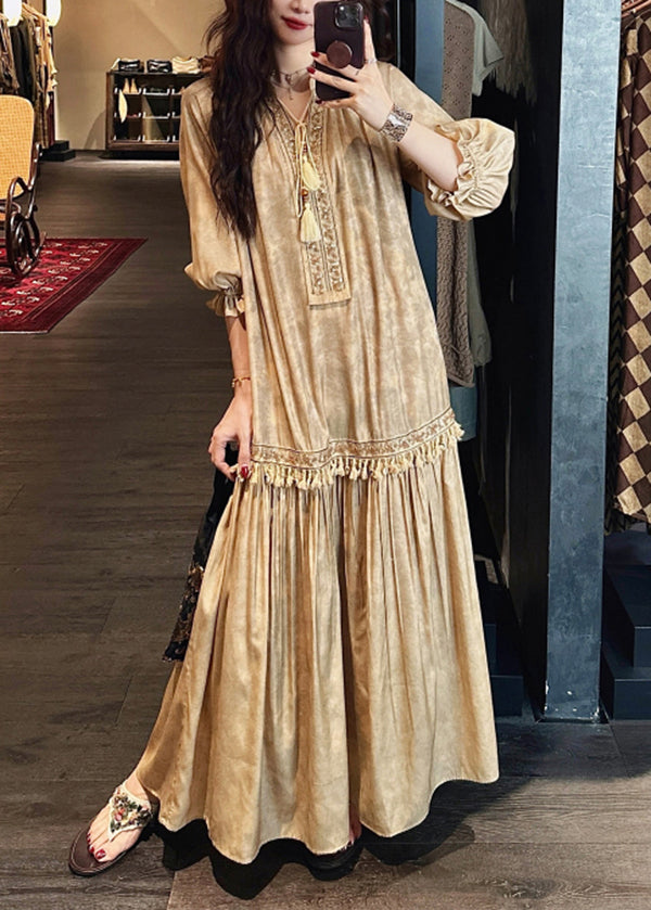Embroidered Lace Up Tassel Trim Tiered Boho Maxi Dress
