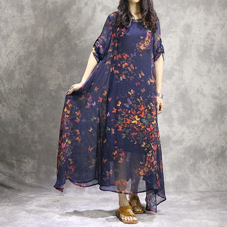 Handmade short sleeve silk Tunics Casual pattern blue prints Robe Dress summer