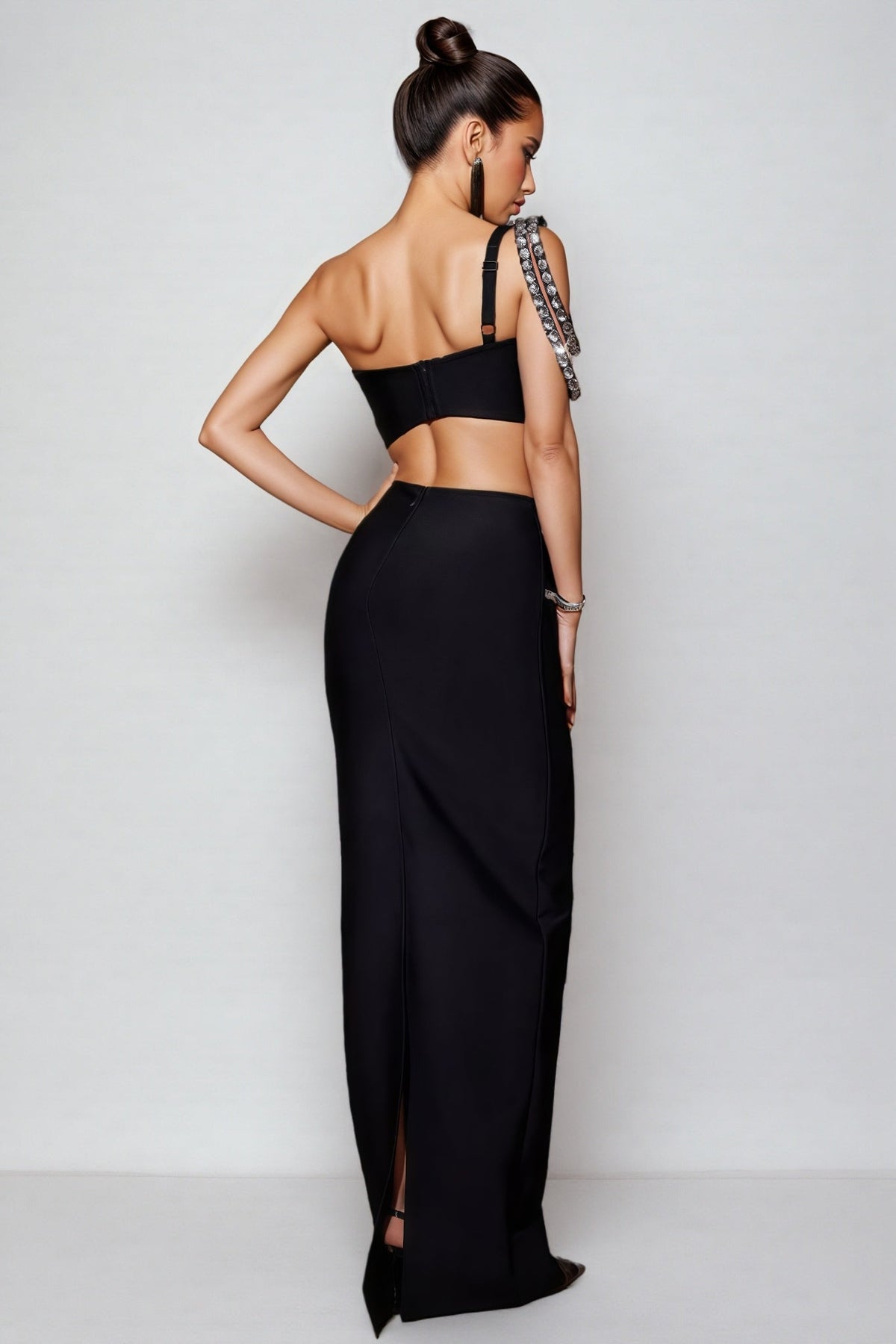 Rhinestone One Shoulder Crop Top and High Waist Split Maxi Skirt Two Piece Set 4