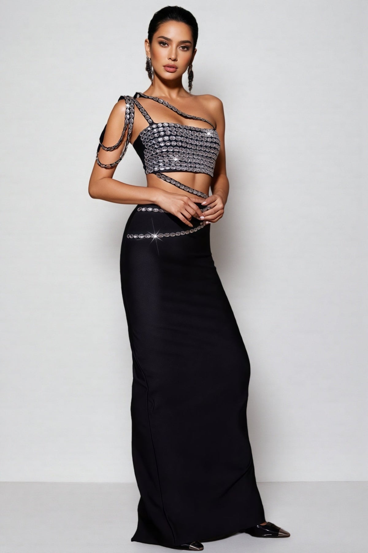 Rhinestone One Shoulder Crop Top and High Waist Split Maxi Skirt Two Piece Set 3