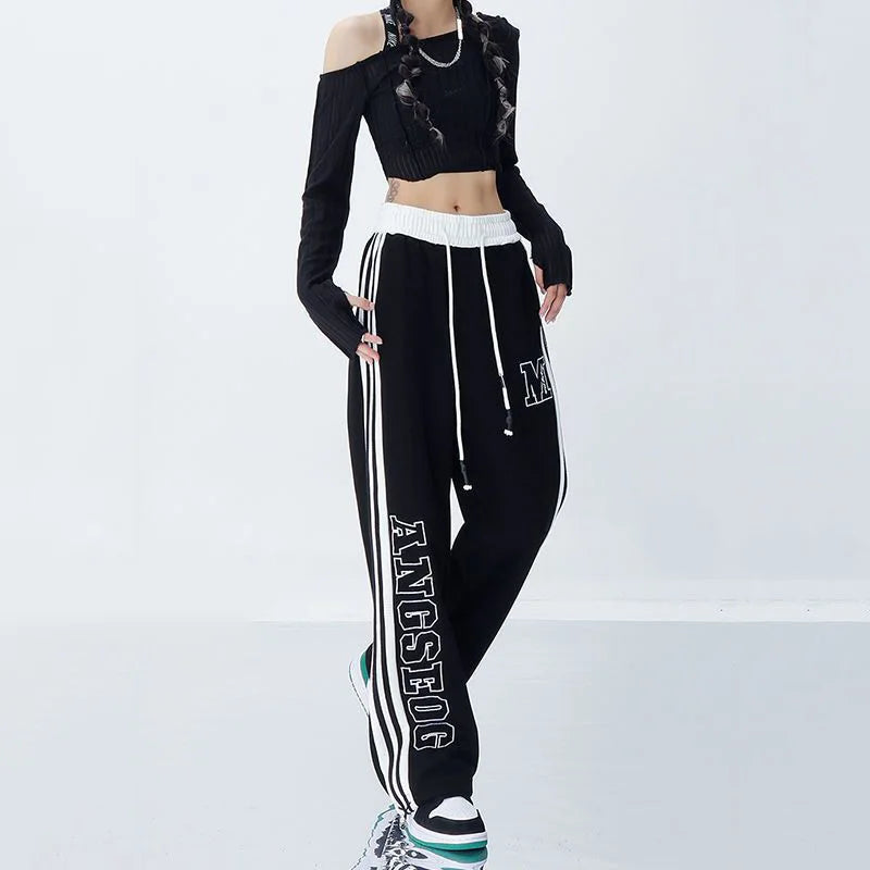 Side Stripe Letter Print Drawstring Waist Loose Jogger Pants