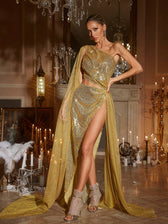 One Shoulder Cutout Sequin Maxi Dress