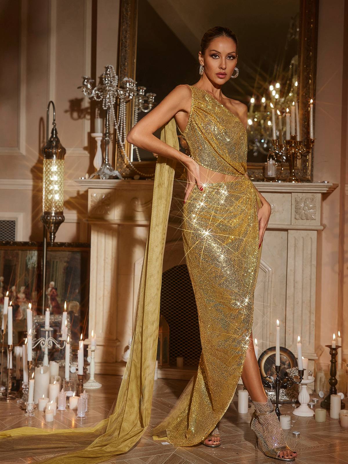 One Shoulder Cutout Sequin Maxi Dress - View 5