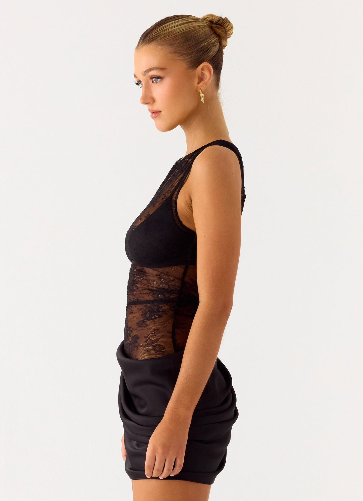 Sheer Floral Lace Overlay Satin Skirt Sleeveless Mini Dress 3