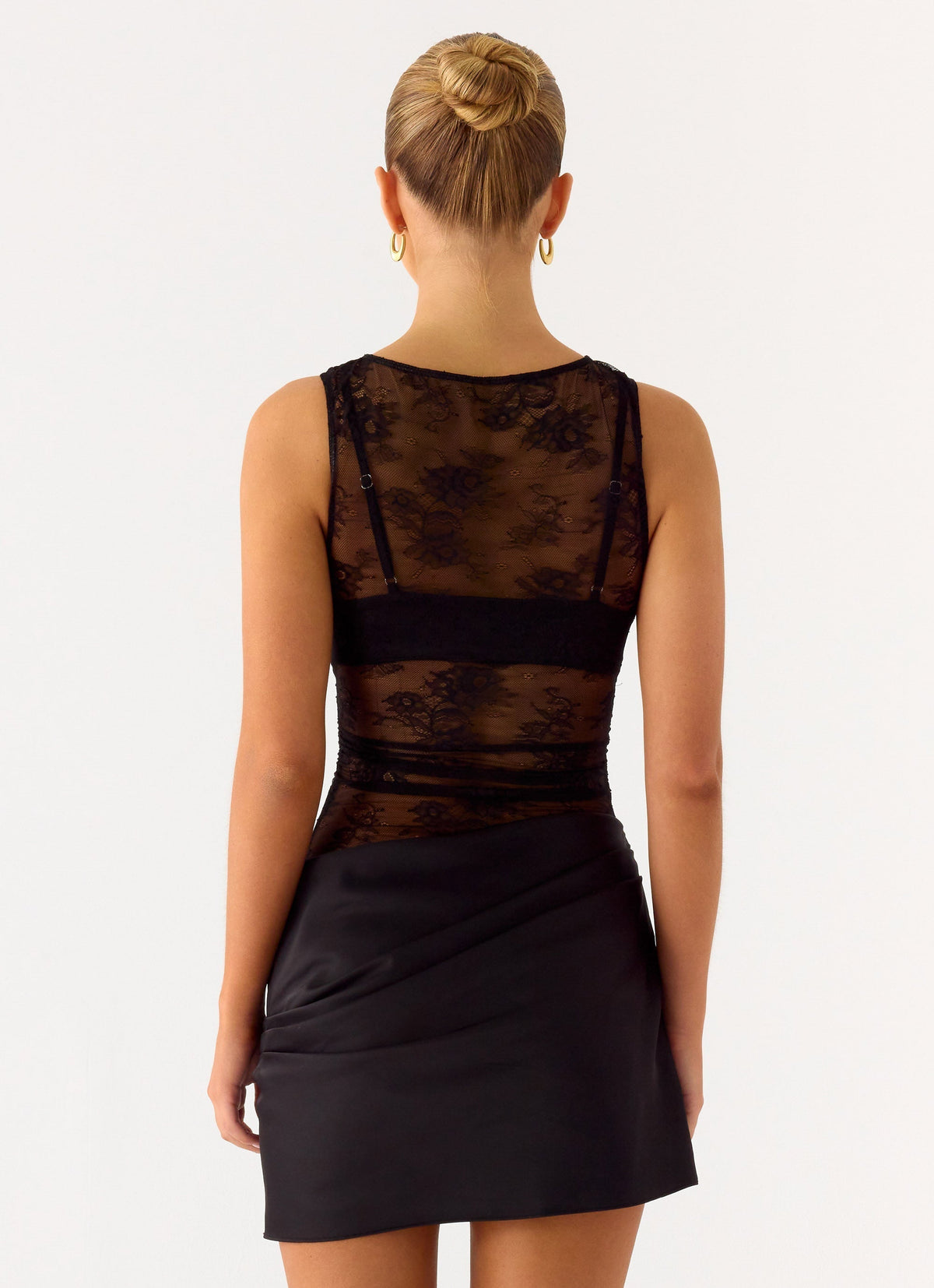 Sheer Floral Lace Overlay Satin Skirt Sleeveless Mini Dress 4