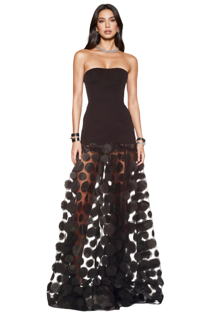 Strapless Drop Waist Sheer Mesh 3D Dot Applique Skirt Maxi Gown