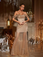 Off Shoulder Diamond Mesh Maxi Dress - View 4