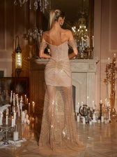 Off Shoulder Diamond Mesh Maxi Dress - View 6