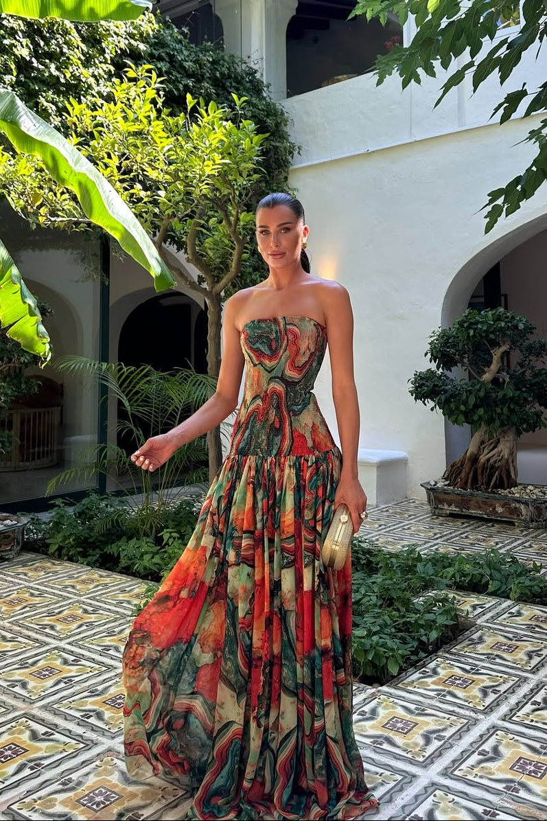 Abstract Print Strapless Drop Waist Tiered Maxi Gown