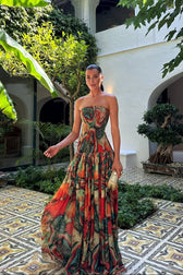 Abstract Print Strapless Drop Waist Tiered Maxi Gown