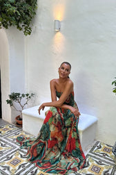 Abstract Print Strapless Drop Waist Tiered Maxi Gown 2