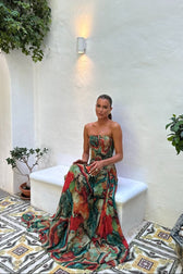 Abstract Print Strapless Drop Waist Tiered Maxi Gown 3
