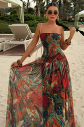 Abstract Print Strapless Drop Waist Tiered Maxi Gown 5