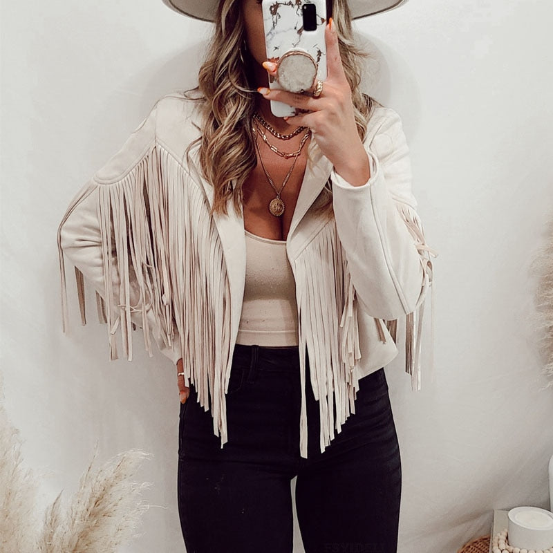 Fringe Lapel Cropped Suede Jacket