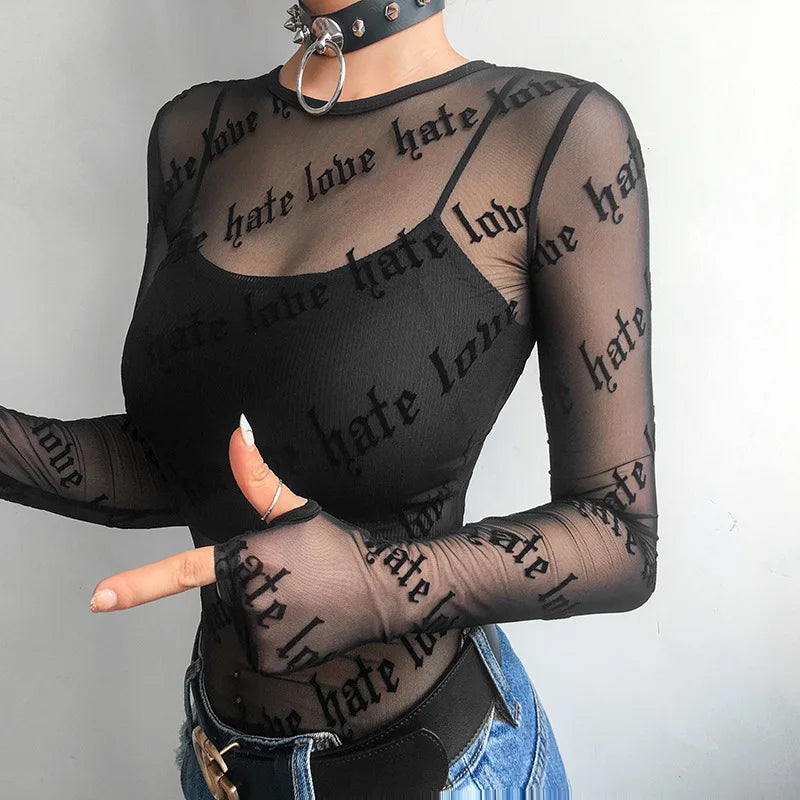 Letter Print Perspective Sheer Top