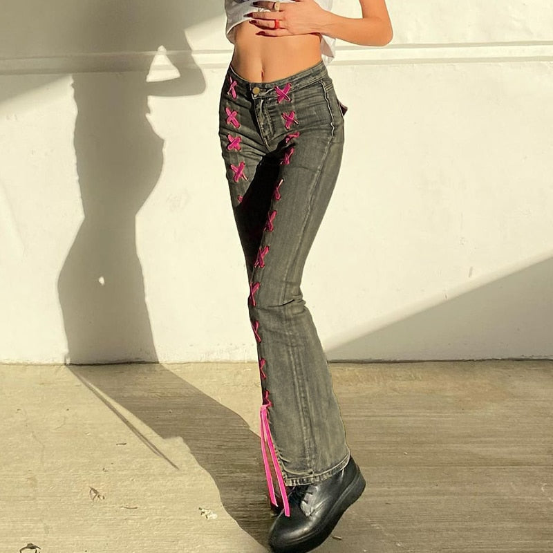 Mojoyce Vintage Fashion Skinny Lace Up Y2K Low Rise Jeans Female Streetwear Bandage Split Flared Jeans Denim Pants Aesthetic