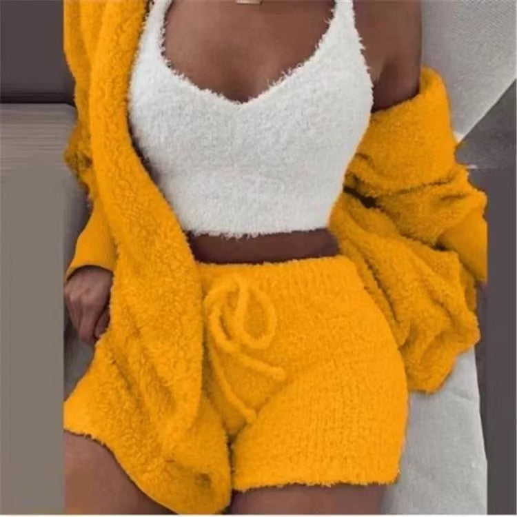 Fluffy Knit V-Neck Crop Cami Drawstring Shorts and Cardigan Three Piece Lounge Set 5