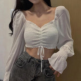 Elegant Fashion Puff Arm Chiffon Crop - Blouse Top