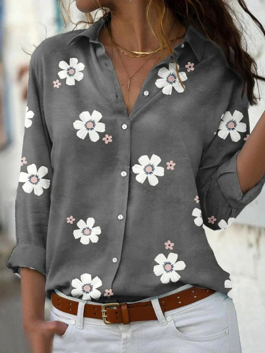 Daisy Floral Print Collared Long Sleeve Button Up Shirt