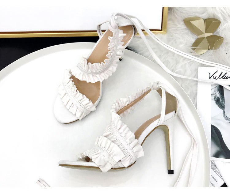 Cross Bandage Thin Heel Ruffle Sandals