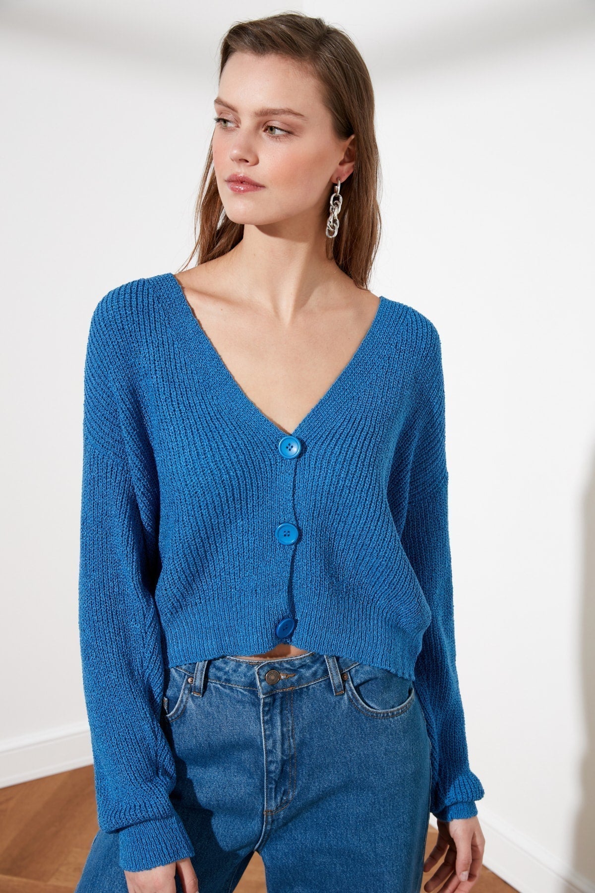 V-Neck Button Front Long Sleeve Open Knit Cropped Cardigan 11