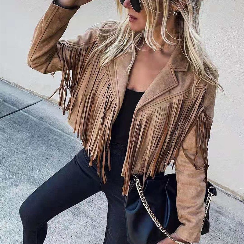 Fringe Lapel Cropped Suede Jacket