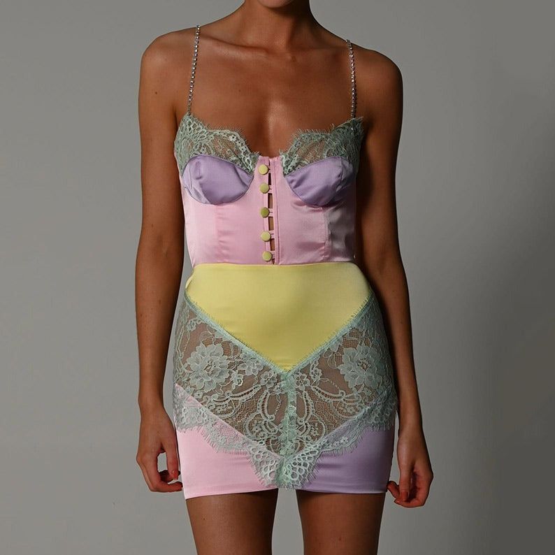 Satin Lace Patchwork Crystal Strap Button Front Corset Mini Dress
