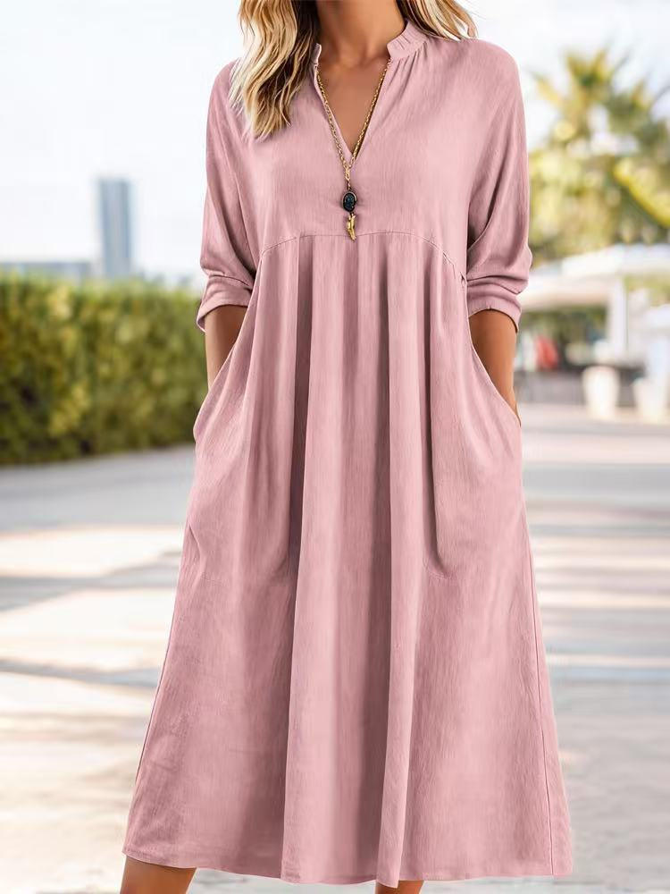 V-Neck Long Sleeve Pocket A-Line Midi Dress