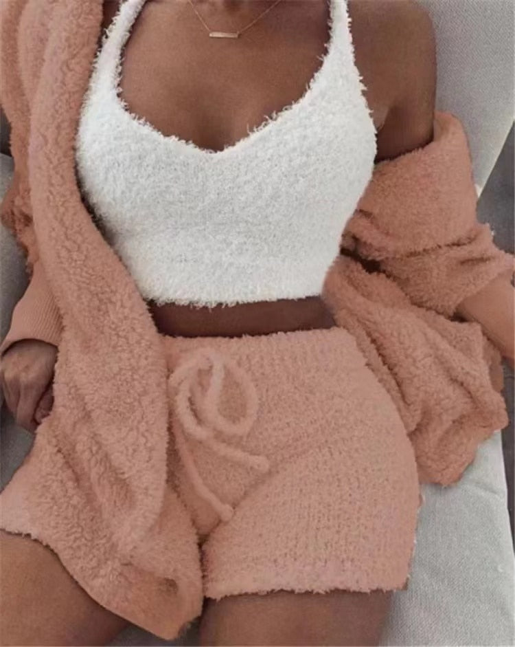 Fluffy Knit V-Neck Crop Cami Drawstring Shorts and Cardigan Three Piece Lounge Set 12