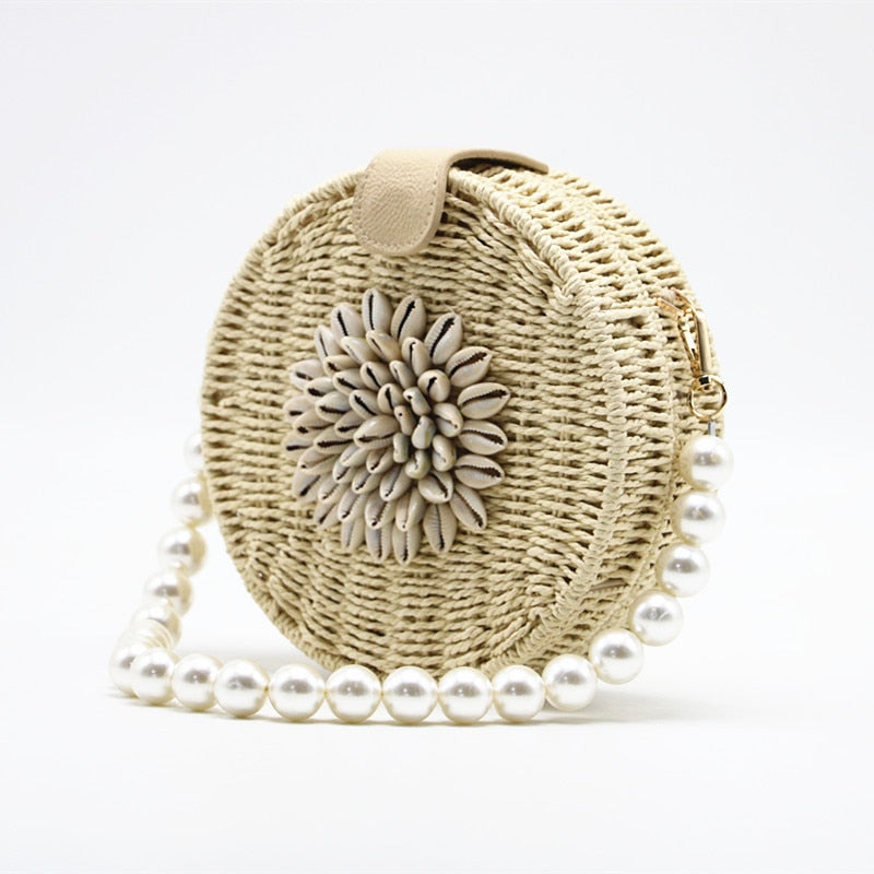 Round Shell Pearl Woven Straw Bag