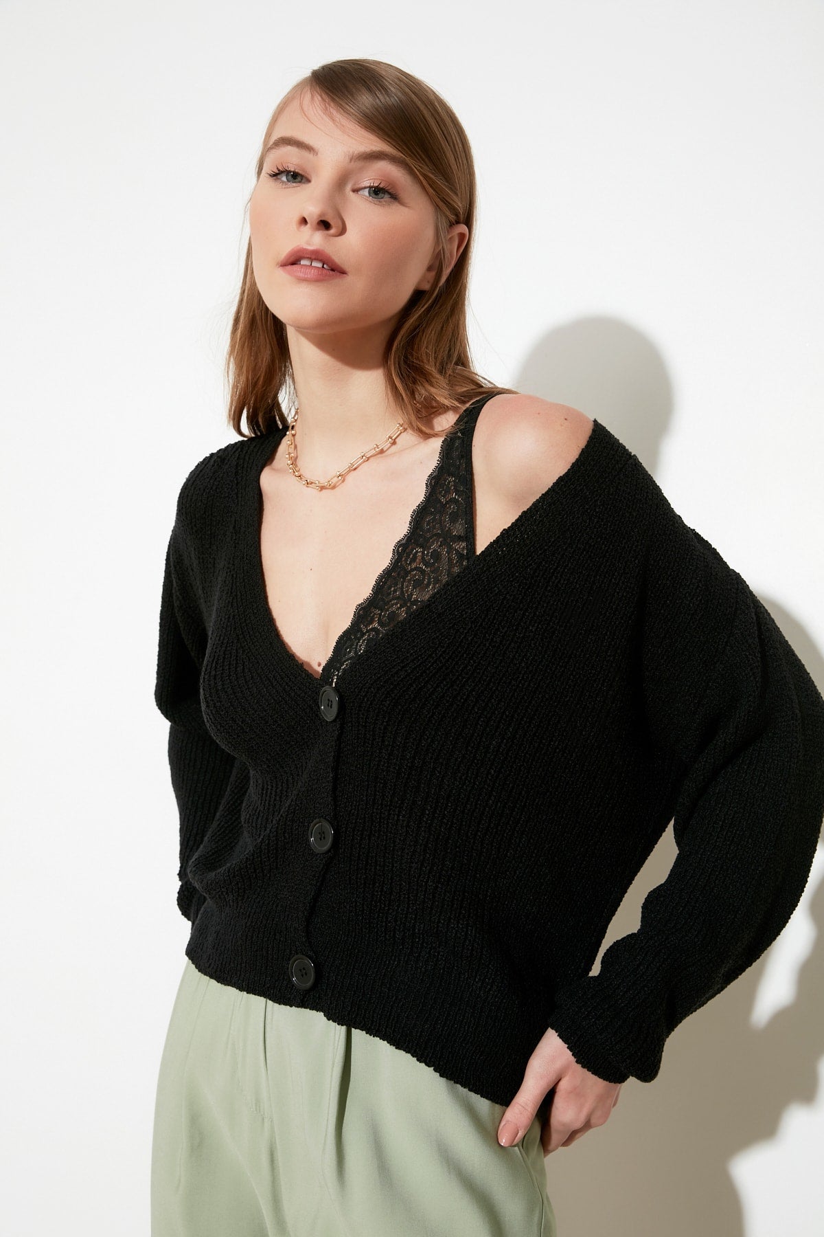 V-Neck Button Front Long Sleeve Open Knit Cropped Cardigan 14