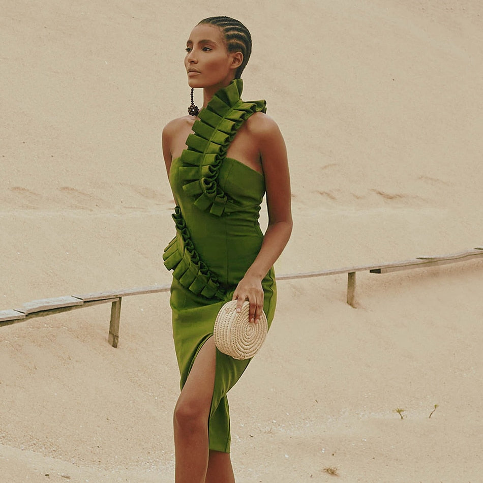One Shoulder Ruffle Trim Side Split Bodycon Midi Dress