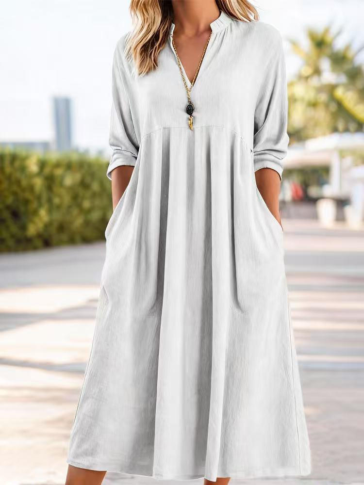V-Neck Long Sleeve Pocket A-Line Midi Dress