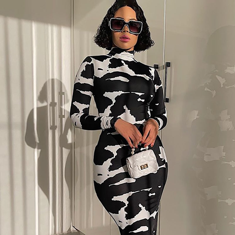Long Sleeve Printed Bodycon Pencil Long Dress